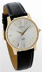 GENEVE Men's Solid 14 Karat Gold Watch with Black Leather Strap. Model: GE-2258-SSBL