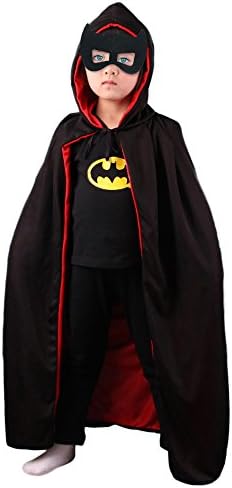 Halloween Hooded Cloak and Mask Costumes for Kids 35" Black Red SET-Cape,Mask,Tattoos and Flash Brooch