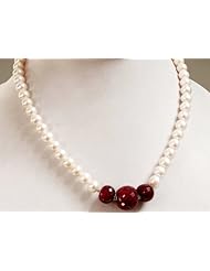 Amazing Designer Natural Fresh Water Pearl & Ruby Beaded Single Strand Necklace