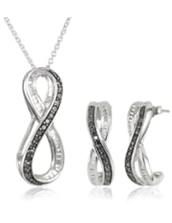 Sterling Silver Black and White Diamond Twist Shape Pendant and Earrings Box Set (1/3 Cttw, I-J Color, I2-I3 Clarity), 18"