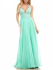 V-neck Chiffon/Satin Beaded Backless Halter Cocktail Evening Dress/Bridesmaid Dress/Prom Dress/Party Dress/Wedding Dress 