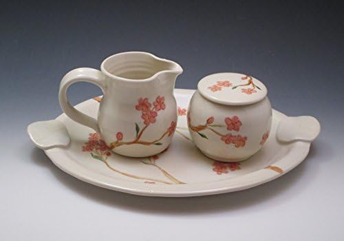 Porcelain sugar and creamer set on serving tray, hand thrown and hand painted in cherry blossom design