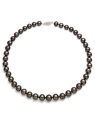 PremiumPearl 7-7.5mm Black with Pink overtones Freshwater Pearl Necklace AAA Quality White Gold, 17" Length