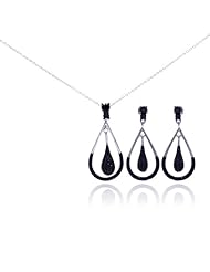 Nickel Free Sterling Silver Pendant & Earring Sets Open Tear Drop Black CZ Set