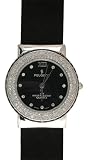 Peugeot Ladies Black Genuine Leather Strap Fashion Watch with Round Crystal Encrusted Bezel and Black Dial