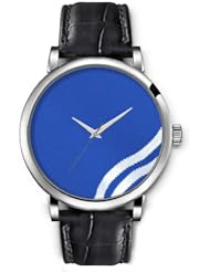 SPRAWL Aanalog Fashion Series Silver Ladies Watches of Genuine Black Leather Strap,Unique Wrist Watch for Women Girls Designed with White stripes on the shore blue background