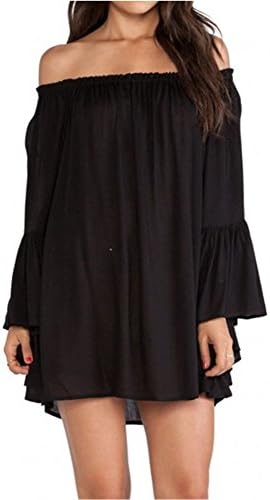 Women's Chiffon Ruffle Bell Flare Sleeve Mini Tunic Dress Blouse Top M Black