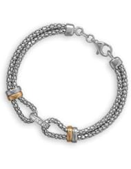 7.5" Double Strand Rhodium Plated Sterling Silver Popcorn Chain Bracelet with 2.5mm Cz Oval Center Link. The Bracelet Has 2.5mm 14 Karat Gold Plated Sterling Silver and Rhodium Plated Sterling Silver Accent Bars. The Bracelet Has a Lobster Clasp Closure.