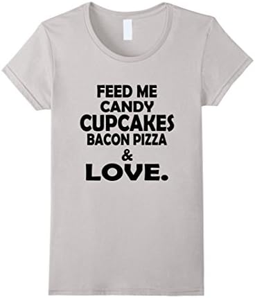 Feed Me Candy Cupcakes Bacon Pizza &amp; Love T-Shirt - Female Small - Silver