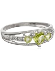 Silver Three Heart Shape Peridot with 0.018 Diamonds cttw Ring, Size 7
