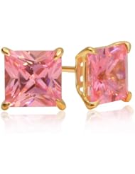 14K Yellow Gold 5mm Square Pincess Cut Pink Cubic Zirconia Basket Set Stud Screwback Earring