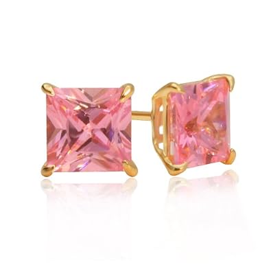 Cheap Girls Jewelry 14K Yellow Gold 5mm Square Pincess Cut Pink Cubic Zirconia Basket Set Stud Screwback Earring For Sale