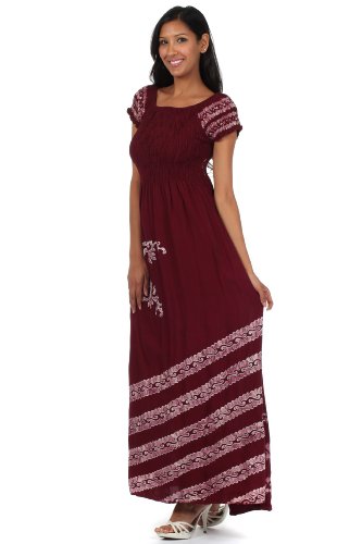 ... Batik Smocked Bodice Long Maxi Dress â Maroon Cream  One Size