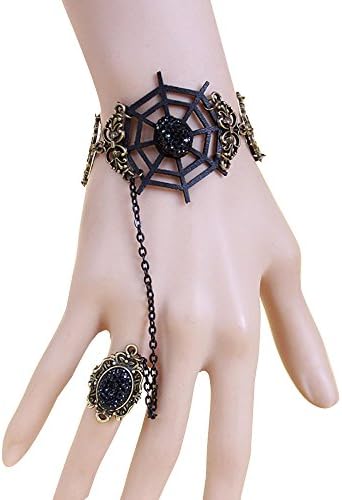 Happy M Vintage Gothic Demon Law Ancient Spider Web Slave Black Lace Bracelets with Ring