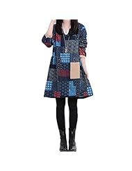 V-neck Long Sleeves Cotton/Linen Knee Length Spring Winter Round Neck  Dress