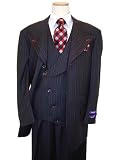 Tayion Collection Black/White Pinstripes With Red Hand-Pick Stitching Super 150's Wool Vested Wideleg Suit