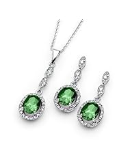 Rhodium Plated 925 Sterling Silver Oval Cut Prong Set Emerald Cubic Zirconia CZ Drop Dangle Elegant Earrings and Necklace Set