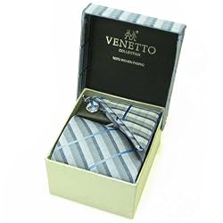 Designer Woven Shiny Stripe pattern Neck Tie Cufflink Handkerchief Gift Set Blue with Slate and Gray Hanky Necktie Cuff link with Gift Box.