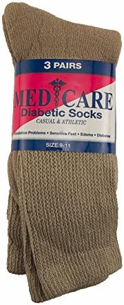Sole Choice Diabetic Socks 3-pack Crew Khaki Size 9-11