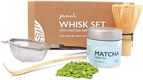 Matcha Green Tea Whisk Set and Pumeli Organic Matcha Powder - 4-piece