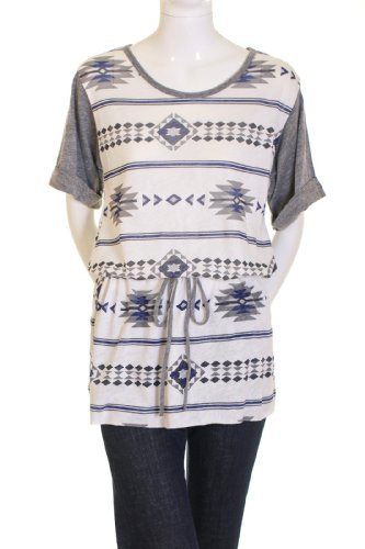 Freeloader Three Quarter Sleeves Waist Drawstring Tie Asymmetric Aztec Print Dress Blue Small