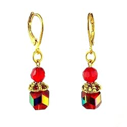 Earrings - E262 - Antique Gold Plated Octagonal Beads ~ Siam Red