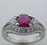 14k White Gold Art Deco Style, Natural Ruby And Diamond Distinctive Ring