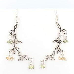 Graceful Cascading Leaf Dangle Earrings in Sterling Silver with Clusters of Peridot and Citrine Gemstone Beads, #7485