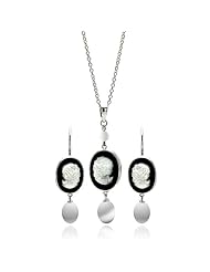 Nickel Free Sterling Silver Necklace & Earring Sets Oval Mop Face Portrait With Black Onyx Set Pendant 13Mm X 17Mm Earring 13Mm X 17Mm Pearl 7.4Mm Chain Adjustable 16"-18"