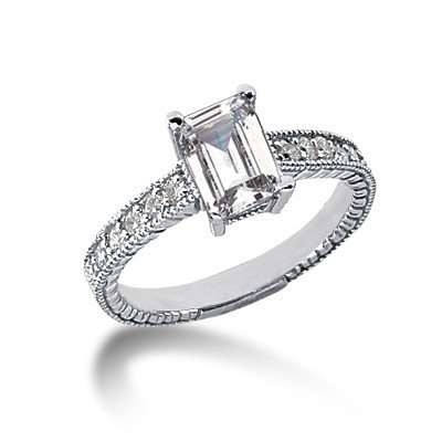 0.65 Ct Diamond Engagement Ring 14k White Gold Emerald Cut Antique Style SI3 H