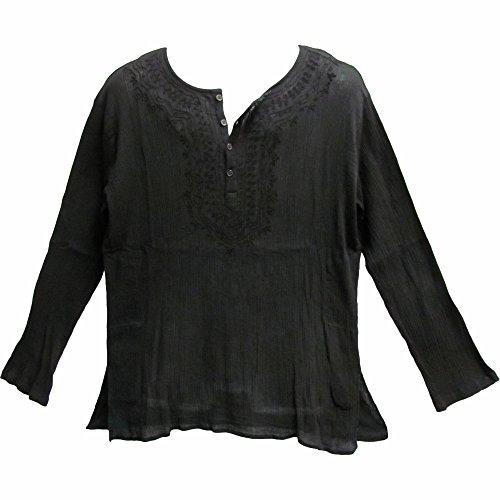 Mens Indian Black Bohemian Crinkled Gauze Cotton Embroidered Tunic Shirt Kurta