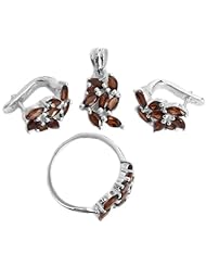 Faceted Garnet Pendant with Earrings and Ring Set - Sterling Silver