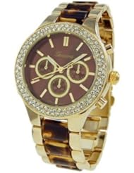 Geneva Womens Designer Inspired Chronograph Style Acrylic Shell Two Tone Watch in Tortoise and Gold Tone