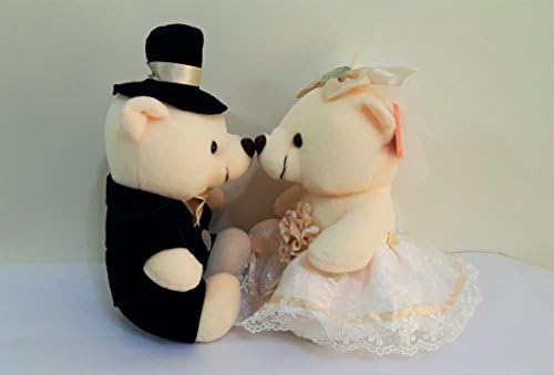 Wedding Bear Bride & Groom (1 Couple Teddy Bear) for Wedding Car Decoration, Wedding Flower Bouquet, Wedding Gift & Wedding Room Decoration Plush Stuffed Toy (Love Ribbon Headgear)