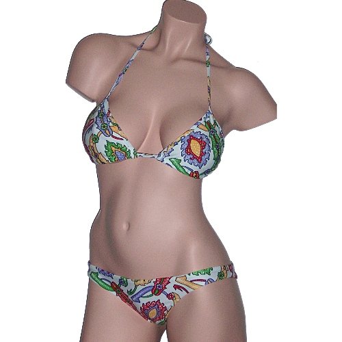 Brazilian Bikini Triangle G-string Swimsuit White Multi Print