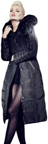 Face-City Women's High-quality Black Padded Fur Hooded Jacket Parka Down Coat-M