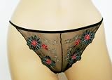 Ladies Nylon Spandex Mesh Embroidered Daisies Thong Black/Red Daisies