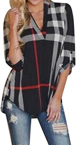 Eforward Women's Blouse Casual Plaid V Neck 3/4 Sleeve T-shirts Pullover Tops XL Black