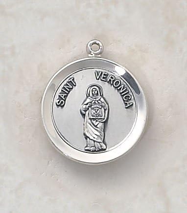 Sterling Silver St. Veronica Medal with 18" Chain. St. Veronica's feast day is July 12th. She is the patron saint of Photographers and Laundry workers is symbolized by holding a veil bearing the face of Christ and carrying the crown of thorns.