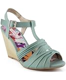 Qupid Gipsy-10 T-Strap Open Toe Ruched Fabric Wedge SAGE