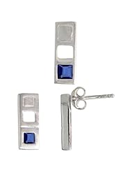 Sterling Silver Matte-finish Bar Earrings (12mm tall) & Pendant Slide (14mm tall) Set, w/ Princess Cut Blue Sapphire-colored CZ Stones