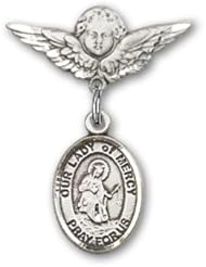 Sterling Silver Baby Badge with Our Lady of Mercy Charm and Angel with Wings Badge Pin