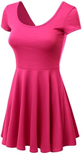 J.TOMSON Women's Basic Cap Sleeve Pleated A-line Dress with Scopp Neck and Back FUCHSIA XL