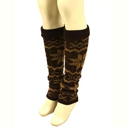 Winter Knit Leg Warmers Dance Snow Flake Dark Brown with Brown