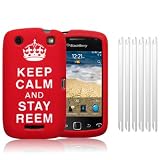 BLACKBERRY CURVE 9380 RED/WHITE "KEEP CALM AND STAY REEM" LASERED SILICONE SKIN CASE / COVER / SHELL + 6-IN-1 SCREEN PROTECTOR PACK PART OF THE QUBITS ACCESSORIES RANGEby Qubits