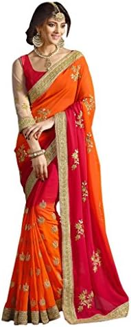 fabkaz Women's Zari Embroidery Work With Lace Border Saree Free Size Red
