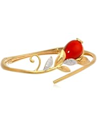 18k Yellow Gold Plated Sterling Silver Red Agate and Diamond Accent Flower Design Bangle Bracelet