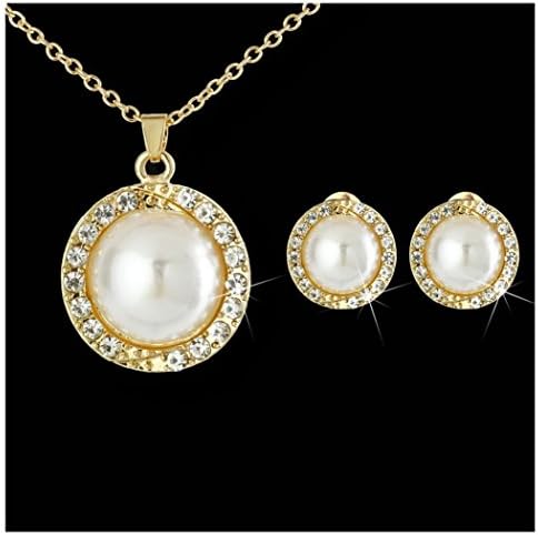 Women Pearl Crystal Gold Plated Earring Necklaces Chain Fashion Jewelry Sets ca Style:Big Pearl