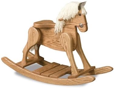 FireSkape Small Deluxe Amish Crafted Solid Oak Natural Finished Rocking Horse with White Mane
