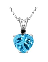 2.28 Ct Heart Shape Swiss Blue Topaz Black Diamond 925 Sterling Silver Pendant